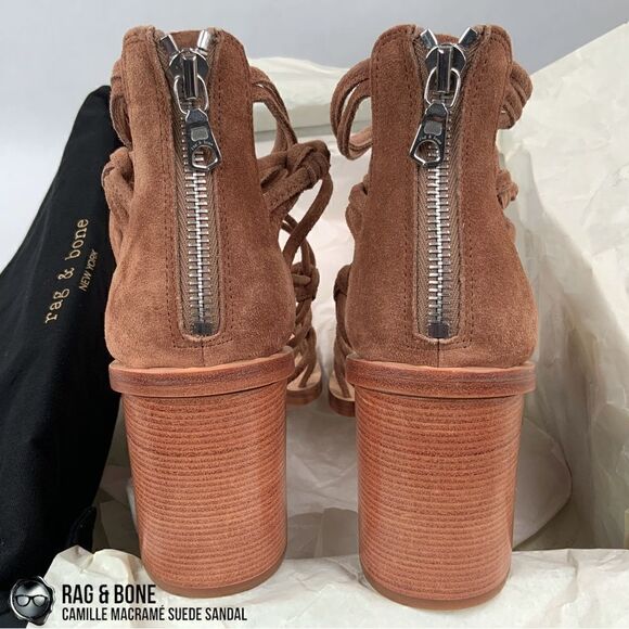 RAG & BONE CAMILLE MACRAMÉ SUEDE HIGH-HEEL STRAPPY SANDALS IN CAMEL SIZE 8, 9.5 - Picture 6 of 11